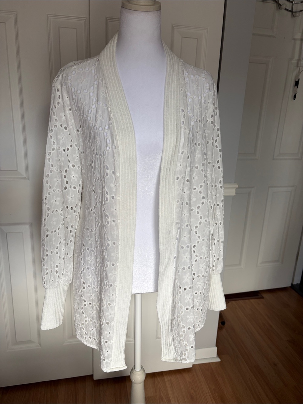 Suzanne Betro White Eyelet Open-Front Cardigan